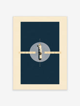 Space station print with solar panels and a lunar disc on a navy background