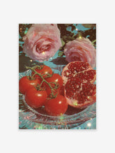 A vibrant still life poster featuring red tomatoes, a cut pomegranate, and pink roses on a sparkly glass plate, with a blue background.