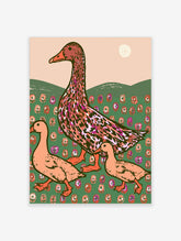 Speckled duck and two ducklings walking on green grass with floral motifs, animal poster