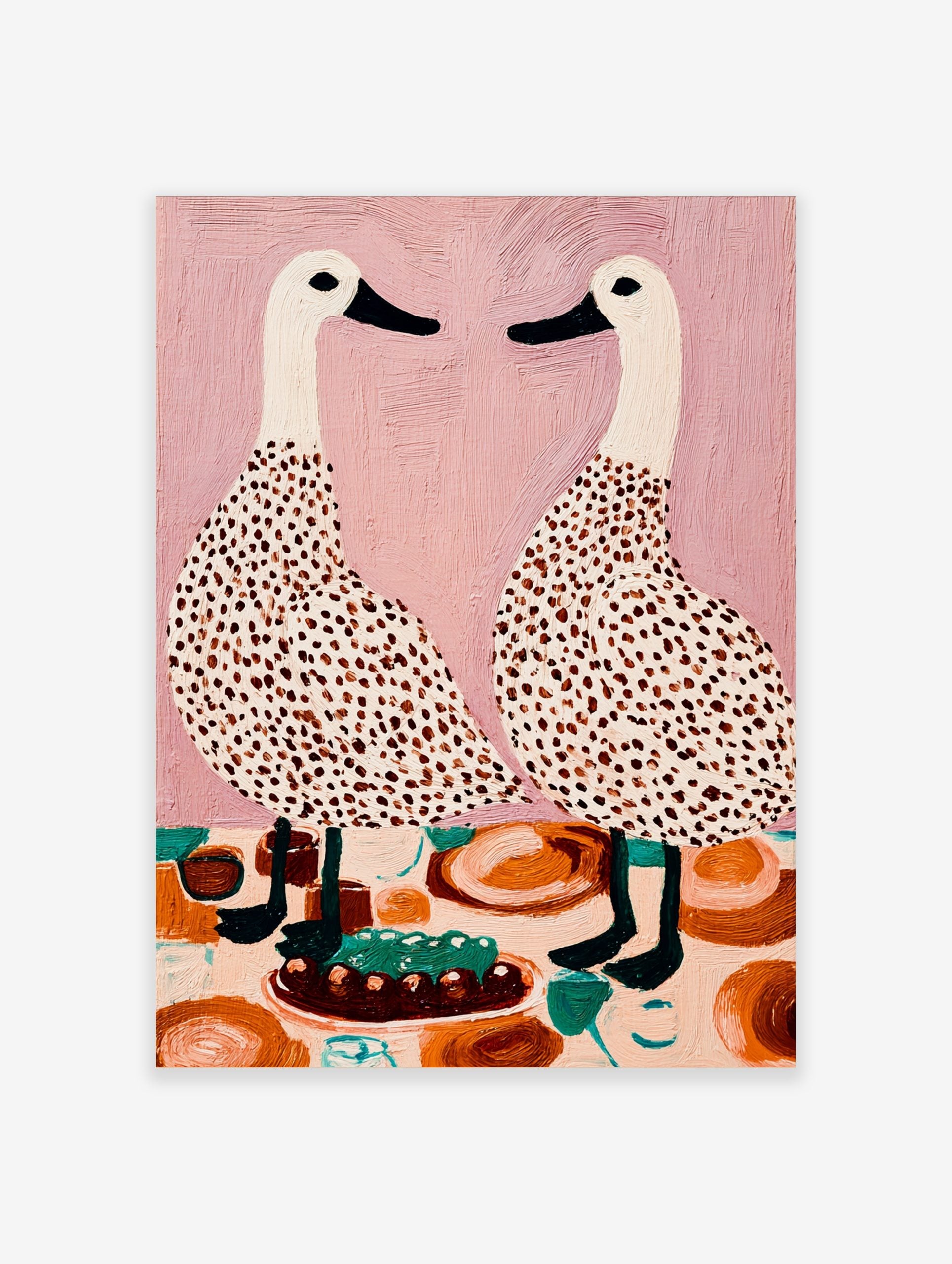 Illustrative wall art of two speckled white ducks facing each other at a dining table with a cake, on a pink background