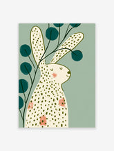 Speckled hare wall art with olive spots and pink cheeks on sage green background