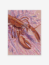 Spotted lobster with white spots and long antennae against pink coral branches, marine art print