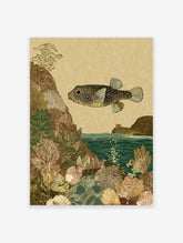 Illustrative art print of a spotted pufferfish swimming over detailed coral and rocky seabed in earth tones