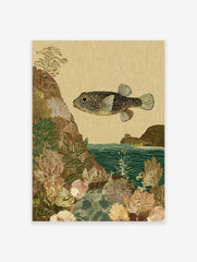 Illustrative art print of a spotted pufferfish swimming over detailed coral and rocky seabed in earth tones
