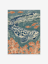 Spotted seal swimming underwater with orange fish and red seaweed on teal background