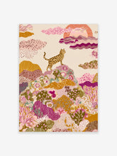 Spotted wild cat on a hill with colourful patterned plants and stylized sun, illustrative art print