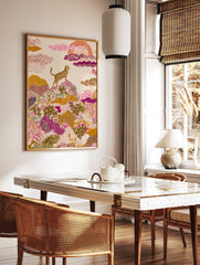 Spotted wild cat on a hill with colourful patterned plants and stylized sun, illustrative art print, in a styled room mockup