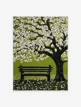 Illustrative spring blossom tree with white flowers, green leaves, and park bench on grass