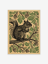 Linocut style print of a squirrel on an oak branch with green leaves and acorns on a beige background