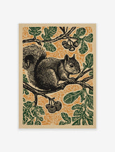Black squirrel on a tree branch with green leaves and orange patterned background in linocut style