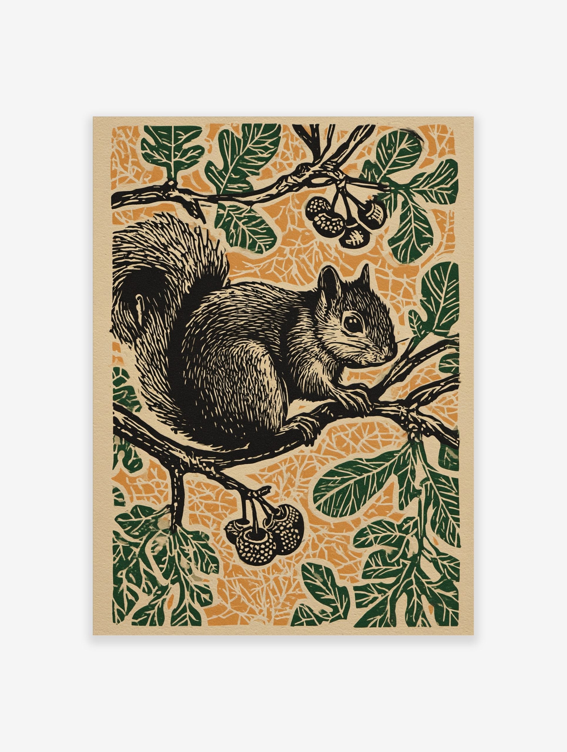 Linocut style print of a black squirrel on a tree branch with green leaves and berries against an orange background