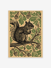 Woodcut style print of a squirrel on an oak branch, surrounded by green leaves and acorns on a beige background