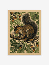 Woodcut-style print of a squirrel on an oak branch with green leaves and orange acorns