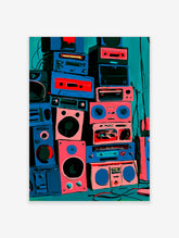 Stack of retro boomboxes and speakers in pink, blue, and teal with cassette decks and wires, wall art print