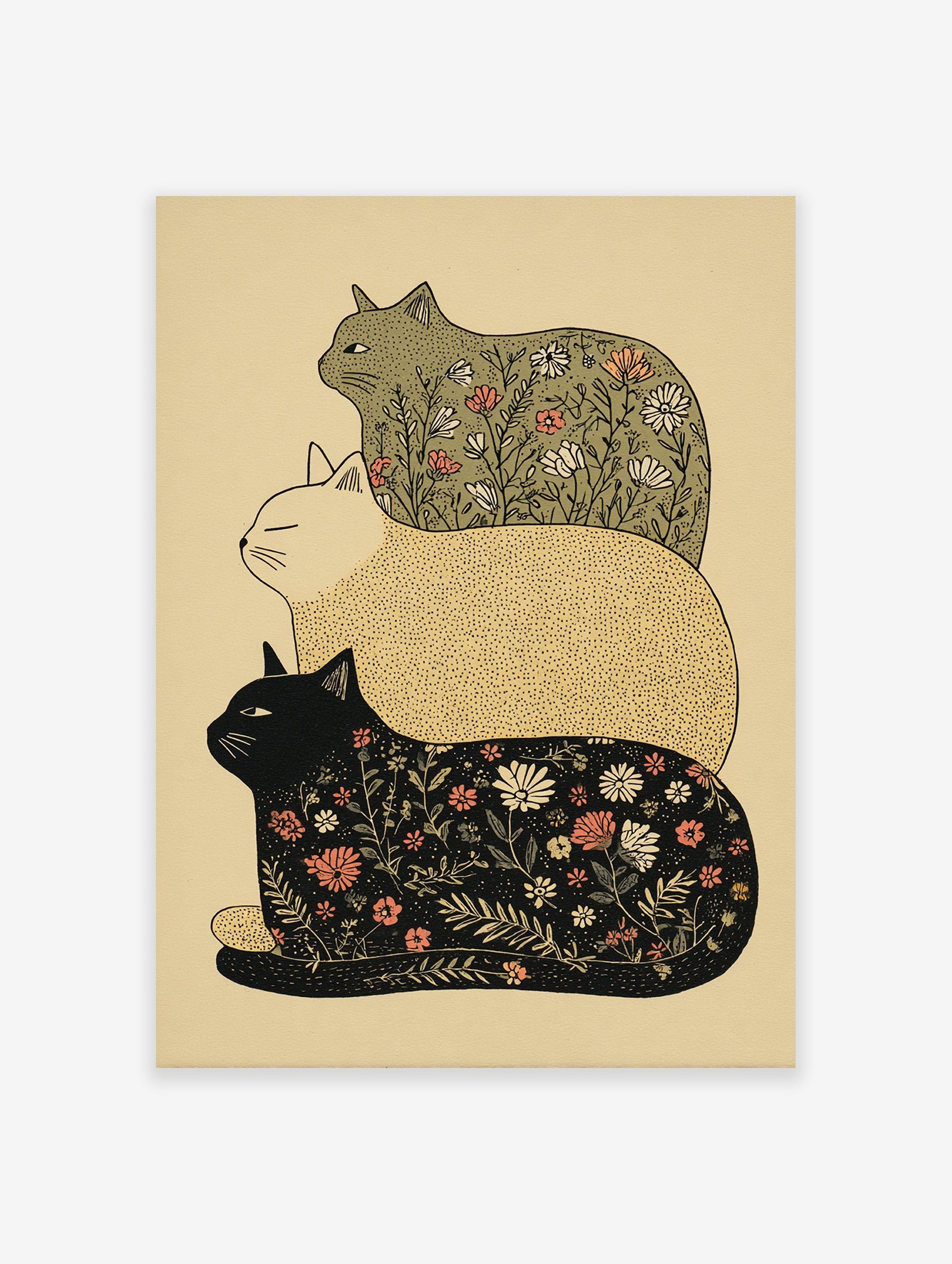 Stacked cat wall art featuring three illustrative cats, two with floral botanical patterns and one solid beige, on a light background.