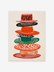 Multi-color stacked hats wall art illustration with various patterns in red, green, black, and orange on a cream background.
