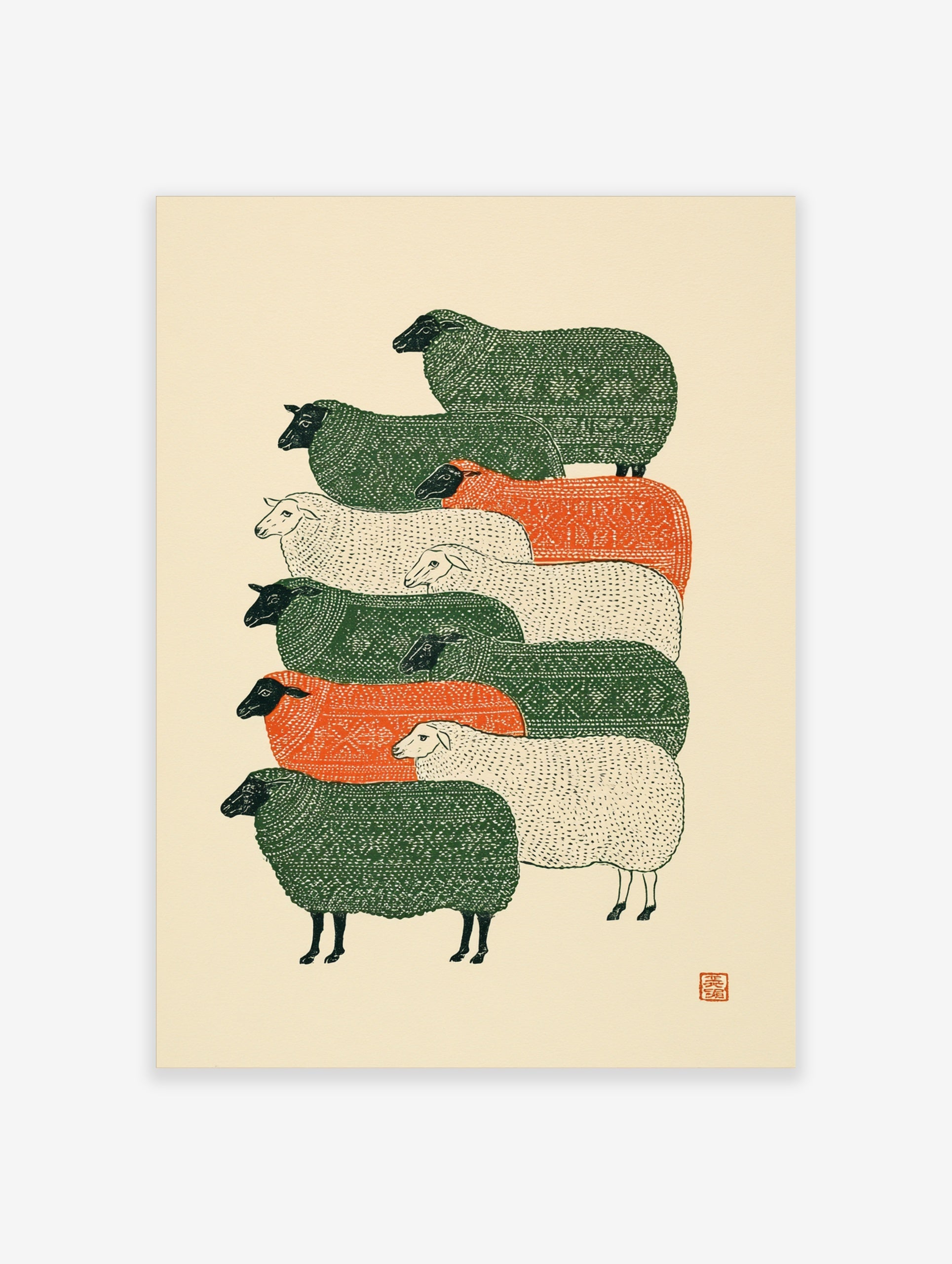 Stylised stacked sheep illustration with green, orange, and cream textured patterns on a cream background