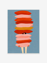 Surreal illustration of a figure balancing stacked pink, red, and orange stones on a blue background