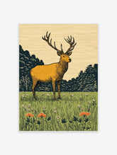 Illustrative stag with large antlers standing in a green meadow with trees and flowers under a beige sky