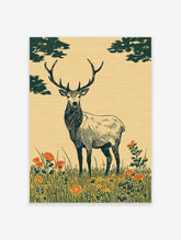 Illustrative stag wall art print with dark green deer and trees, orange and yellow flowers on beige