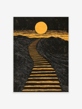 A minimalist art print of a staircase leading up to a glowing yellow sun over a dark, textured landscape