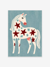 Cream horse with red stars and blue flowers on teal background, folk art style