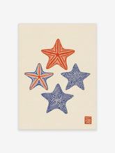 Four graphic starfish illustrations with red and blue patterns on a cream background, nautical wall art print