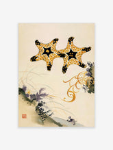 Japanese style starfish wall art print with gold and black marine creatures on a light background