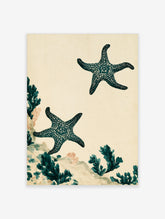 Vintage style marine art print with two detailed teal starfish and seaweed on a neutral background