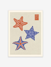 Illustration of three starfish in red and blue, with a red Japanese-style seal on a textured light cream background