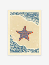 Detailed starfish illustration on sandy beach with blue water edges, coastal art print