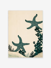 Japanese-style woodblock print of two teal starfish with white spots and seaweed on a cream background