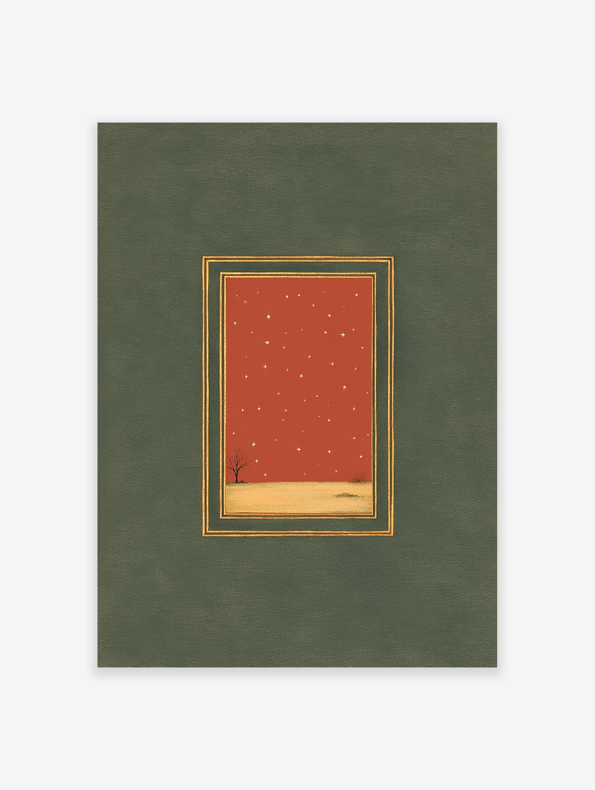 Minimalist Starry Night Landscape Art print with rust-red sky, gold stars, bare tree, and gold border on a green matte.