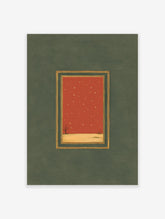 Minimalist Starry Night Landscape Art print with rust-red sky, gold stars, bare tree, and gold border on a green matte.