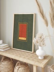 Minimalist Starry Night Landscape Art print with rust-red sky, gold stars, bare tree, and gold border on a green matte. - Image 3