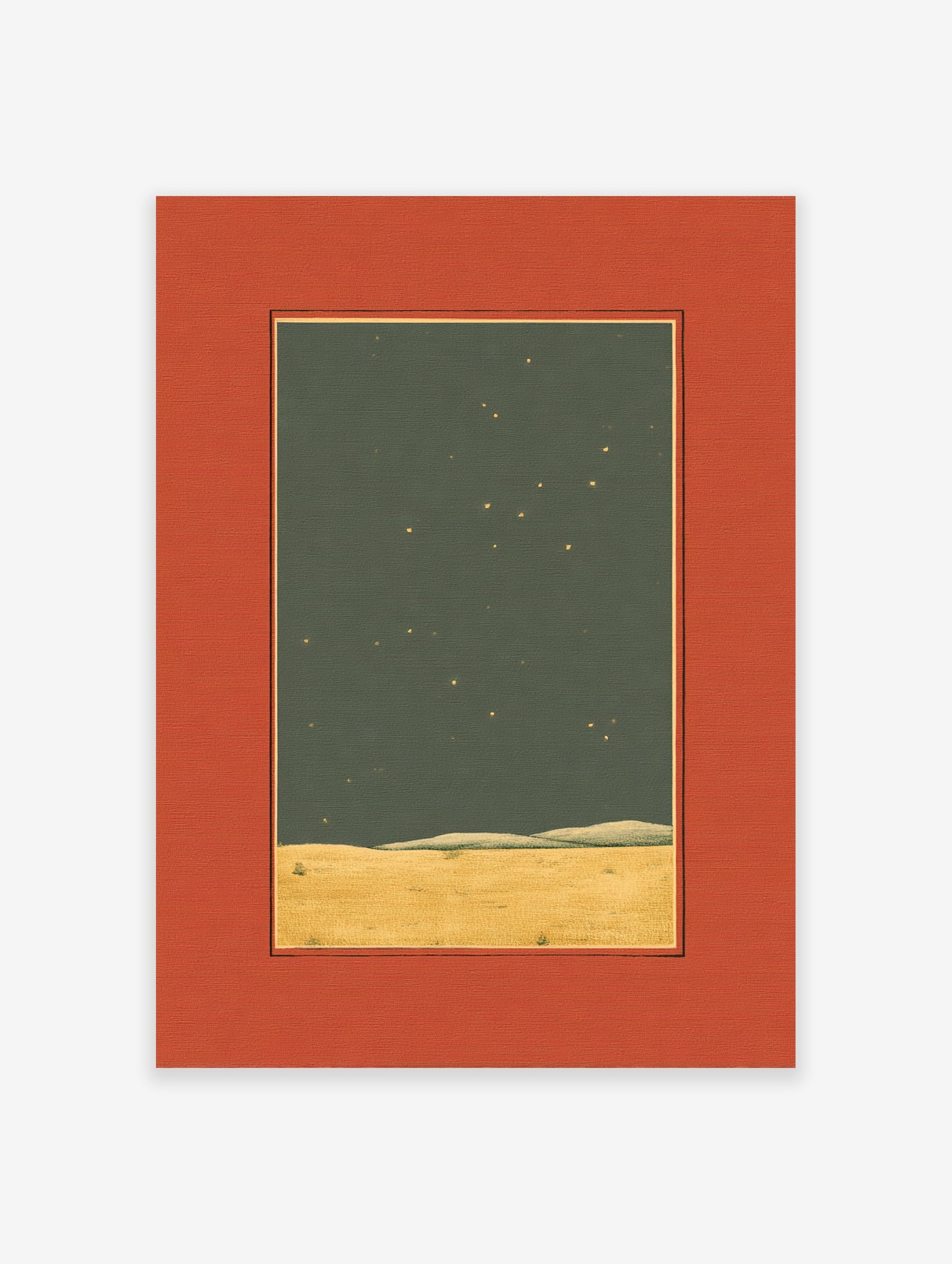 Minimalist starry night landscape print with golden field under a dark green sky with yellow stars, framed by an orange mat.