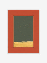 Minimalist starry night landscape print with golden field under a dark green sky with yellow stars, framed by an orange mat.