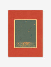 Minimalist Starry Night Wall Art print with dark teal sky, golden stars, shimmering water, and a red textured mat.