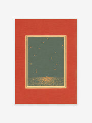 Minimalist Starry Night Wall Art print with dark teal sky, golden stars, shimmering water, and a red textured mat.