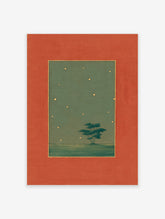 Starry Night Wall Art with a solitary tree in a green landscape under a gold-dotted sky, framed by an orange border.