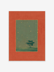 Starry Night Wall Art with a solitary tree in a green landscape under a gold-dotted sky, framed by an orange border.
