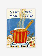 Stay Home Make Stew poster with red pot, wooden spoon, steam, and blue typography on blue background