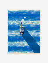 Minimalist steamboat art print on blue and white striped water with a long shadow and smoke from the chimney.