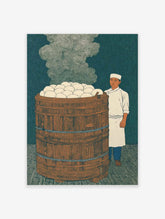 Illustrative print of a chef next to a large wooden steamer barrel overflowing with white steamed buns, steam rising