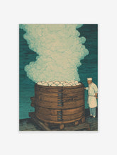 Chef with tall wooden steamer full of white buns and steam, illustrative art print