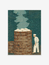 Chef in white uniform looking at a tall stack of steaming dim sum baskets with white buns