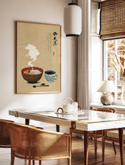 Illustration of a steaming bowl of noodles and a blue patterned cup of tea with chopsticks, Japanese food art print. - Image 3