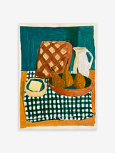 Illustrative still life print of bread, pears, and a white pitcher on a green checkered tablecloth