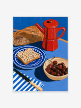 Still life breakfast illustration with a red moka pot, bread, and cherries on a blue background