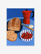 Still life illustration of a red moka pot, seeded bread, and cherries on a blue table, vibrant kitchen wall art print